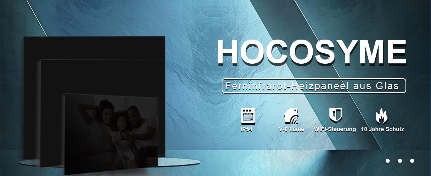 Інфрачервовий обігрівач Hocosyme зі скляною панеллю 600W з Wi-Fi керуванням (Tuya Smart), 100x60 см, з захистом від перегріву, чорний, сертифікат TÜV