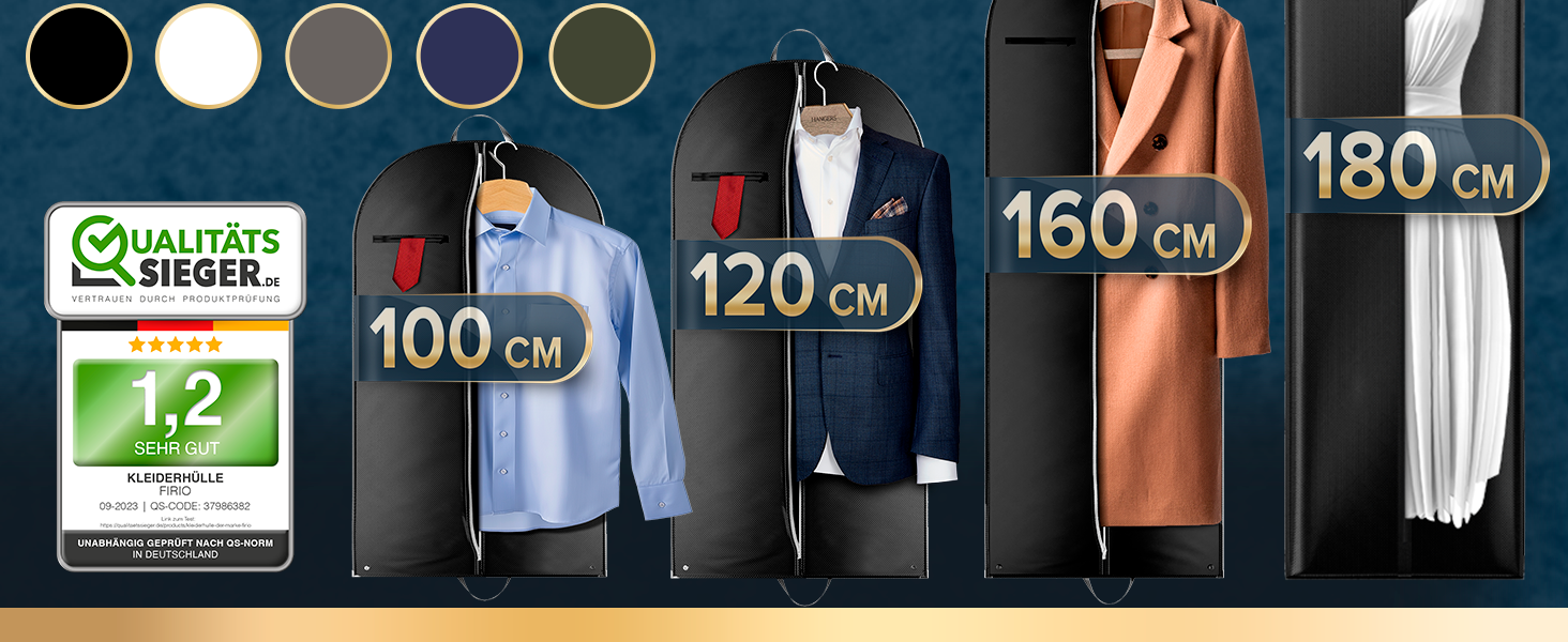 Чохол для одягу FiRiO® Premium, 180 см, чорний - для весільних та довгих суконь, пальто, зберігання та подорожей