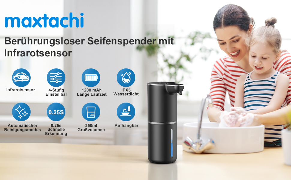 Автоматичний дозатор мила на батарейці з сенсором, USB-зарядка, 4 рівня регулювання, для кухні, ванної, школи. Підходить для рідкого та пінного мила. Білий колір.