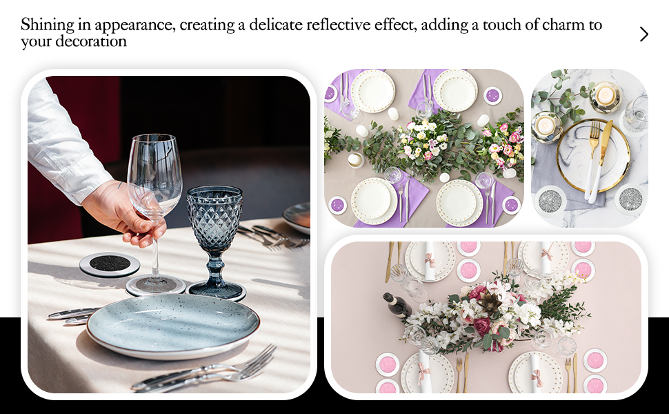 7-Piece Glass Coaster Set, 6 Crystal Coasters with Holder for Drinks, Silver, Glitter, Table, Bar Accessories (round)