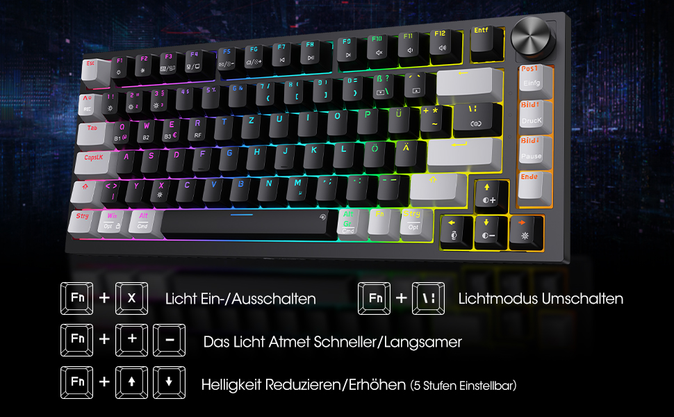 Ігрова клавіатура KOORUI: Механічна, QWERTZ, 104 клавіші, RGB підсвічування, для Windows/MacOS/Linux