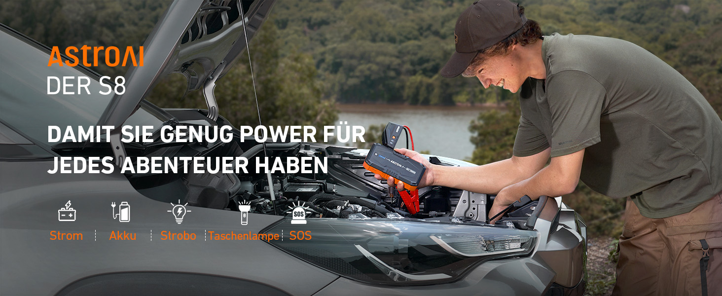 Powerbank AstroAI B8 для автомобіля: пускова станція, 1500A, 7.0L бензин/5.5L дизель, LED, QC 3.0 USB, 12V