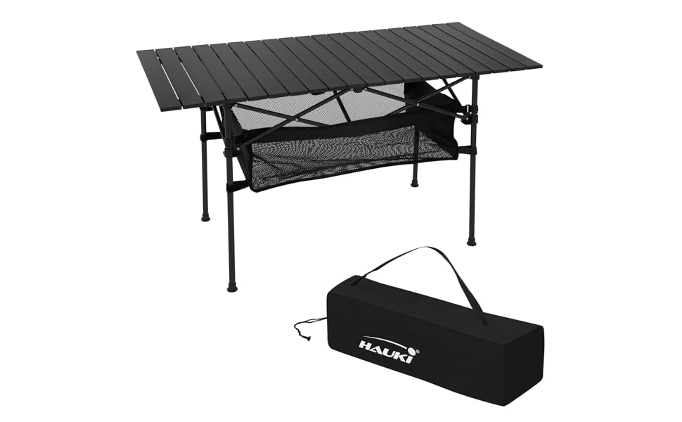 Стіл для кемпінгу Hauki Braun, розкладний, 118 x 55 x 64,5 см, алюмінієвий, з рулоючою стільницею, для відпочинку на природі, саду, балкону, подорожей, ринку, з сумкою