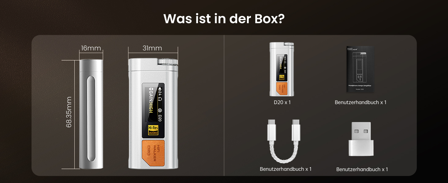 HIFI WALKER D20 DAC512: Портативний підсилювач/ЦАП для навушників – USB ЦАП Hi-Res аудіо з 4.4 мм балансним та 3.5 мм виходом, ES9038Q2M + CT7601PR, підтримка PCM 768 кГц/DSD512, алюміній, OLED дисплей, сріблястий