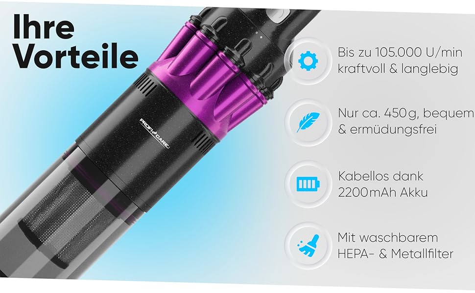 Ручний бездротовий пилосос ProfiCare® PC AKS 3137: акумуляторний, без мішка, тихий, потужний | BLDC мотор, 2200mAh