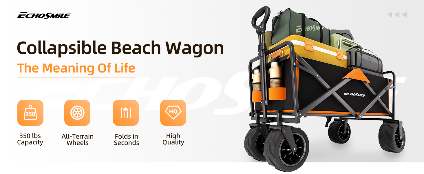 Універсальний складаний візок-телега EchoSmile Bollerwagen 200л, 160кг: для пляжу, саду, покупок (чорно-помаранчевий)