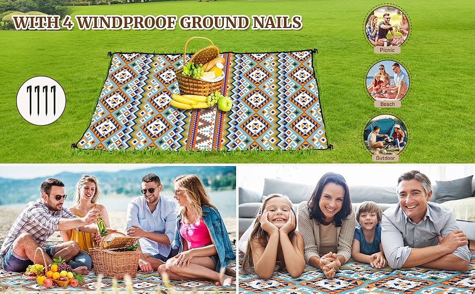 Плед для пікніка Boho водонепроникний, великий (XL 150x200 см) з ручкою, 4 кілочки, для пляжу, кемпінгу, парку - Boho стиль
