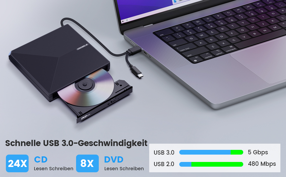 Зовнішній DVD-привід ORIGBELIE USB 3.0 та Type-C, портативний DVD-записувач для ноутбука та ПК