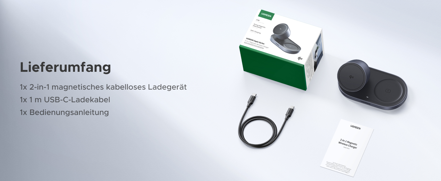 Зарядний пристрій бездротовий UGREEN 2-в-1 MagSafe 15W Qi2 для iPhone 17/16/15/14/13/12 та AirPods, кабель 1м (Чорний)