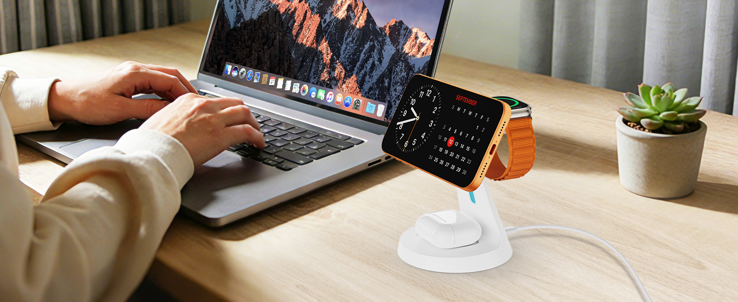 Зарядна станція JoyGeek 3-в-1 для Apple Watch, iPhone (MagSafe), AirPods (біла) - Бездротова зарядка для iPhone 12-15, iWatch 11-2/Ultra/SE, Airpods 2-4