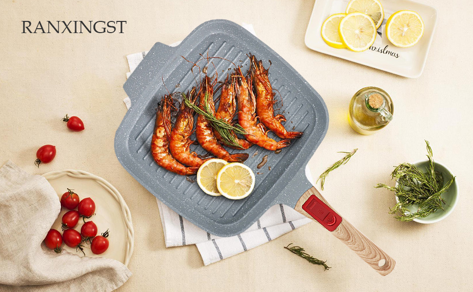 Гриль-сковорода з кришкою 26x24 см з антипригарним керамічним покриттям, знімною ручкою, блакитна