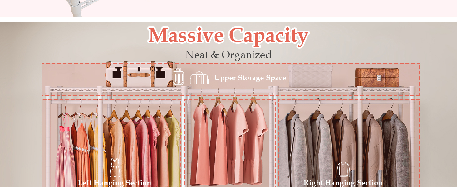 Важкий металевий вішак для одягу, розширюваний відкритий гардероб з 2 висувними кошиками, (249-297) x 40 x 192 см, білий