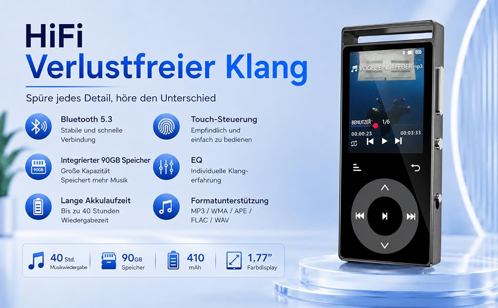 MP3-плеєр з Bluetooth 5.3 та HiFi-звуком, 90 ГБ, сенсорні кнопки, кольоровий дисплей, металевий корпус, FM-радіо, підтримка e-books, розширювальна пам'ять до 128 ГБ, чорний