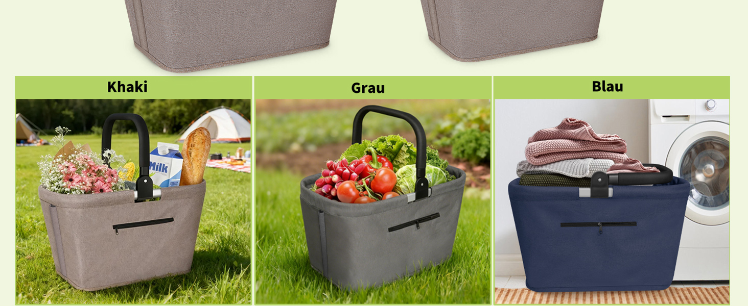 Складаний кошик для покупок 35L з 2 стійками, стабільний сімейний кошик з алюмінієвою ручкою, водонепроникний кошик для пікніка, практичний кошик для перенесення, великий для подорожей, кемпінгу, покупок, подарунка - Хакі