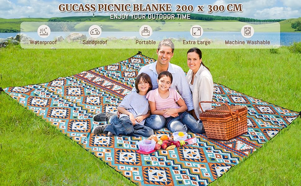 Плед для пікніка Boho водонепроникний XL (200x300 см) з ручкою та кілочками для пляжу, кемпінгу, парку – Boho стиль