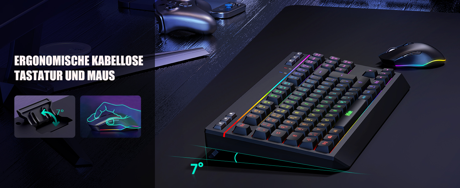 Бездротовий комплект клавіатури та миші RedThunder 75% QWERTZ RGB з підсвічуванням, для ПК Xbox PS5, чорний. Підтримка мультимедійних функцій та оптичний сенсор 7D.