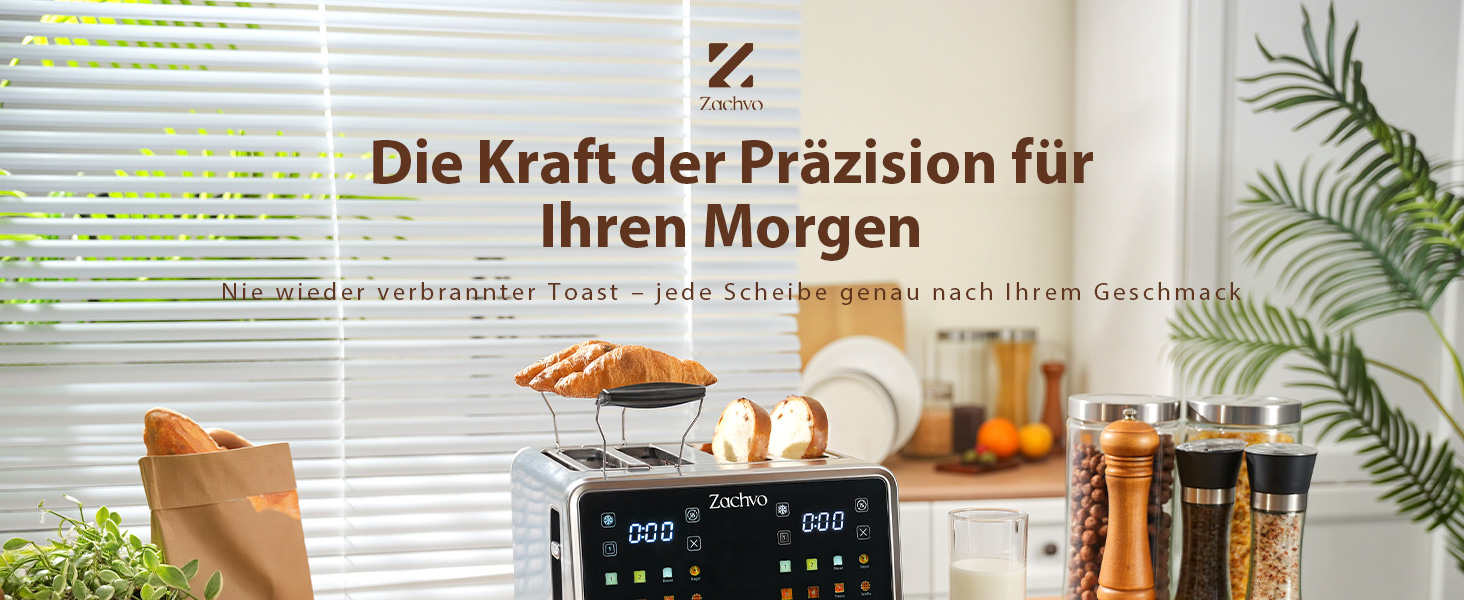 Тостер на 4 шматочки з сенсорним екраном та таймером – нержавіюча сталь, довгі слоти, 2 незалежні зони температури, підставка для бургерів та сендвічів, 6 програм, срібний колір