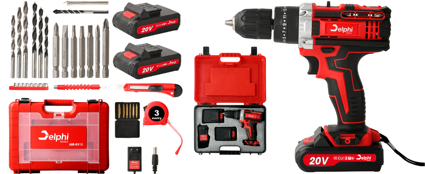 Акумуляторний шуруповерт DELPHI 20V: комплект з 2 акумуляторами, 50Nm, 2 швидкості, 25 ступенів моменту, LED-ліхтар, 34 аксесуари в кейсі для DIY-проєктів