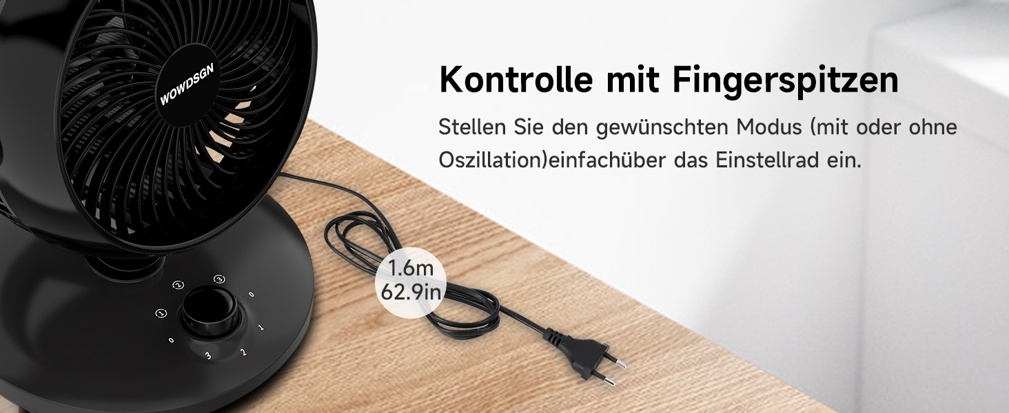 WOWDSGN Вентилятор для дому: тихий настільний циркулятор повітря 24dB, 3 швидкості, 100°/80° осциляція, чорний Xd-1586fc