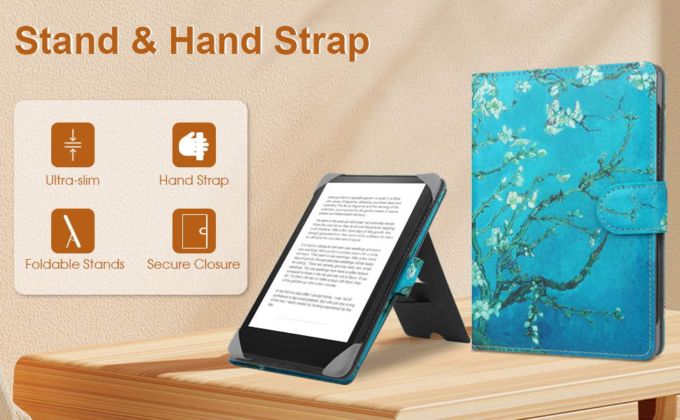 Чохол для Kindle, Kobo, Pocketbook, Tolino, Sony eReader (6.8'') з підставкою, шкіра, блакитний