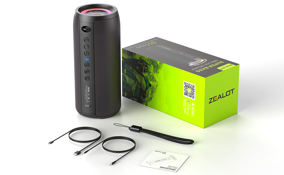 ZEALOT Bluetooth колонка з підсвіткою 40W, портативна водонепроникна (IPX6), AUX, USB, Micro SD, Bluetooth 5.2, Dual Pairing
