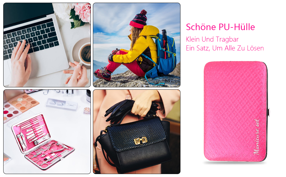 Набір для манікюру та педикюру 23 шт. Професійний набір для стрижки нігтів з нержавіючої сталі з подарунковою шкіряною сумочкою (Рожевий/Сріблястий)