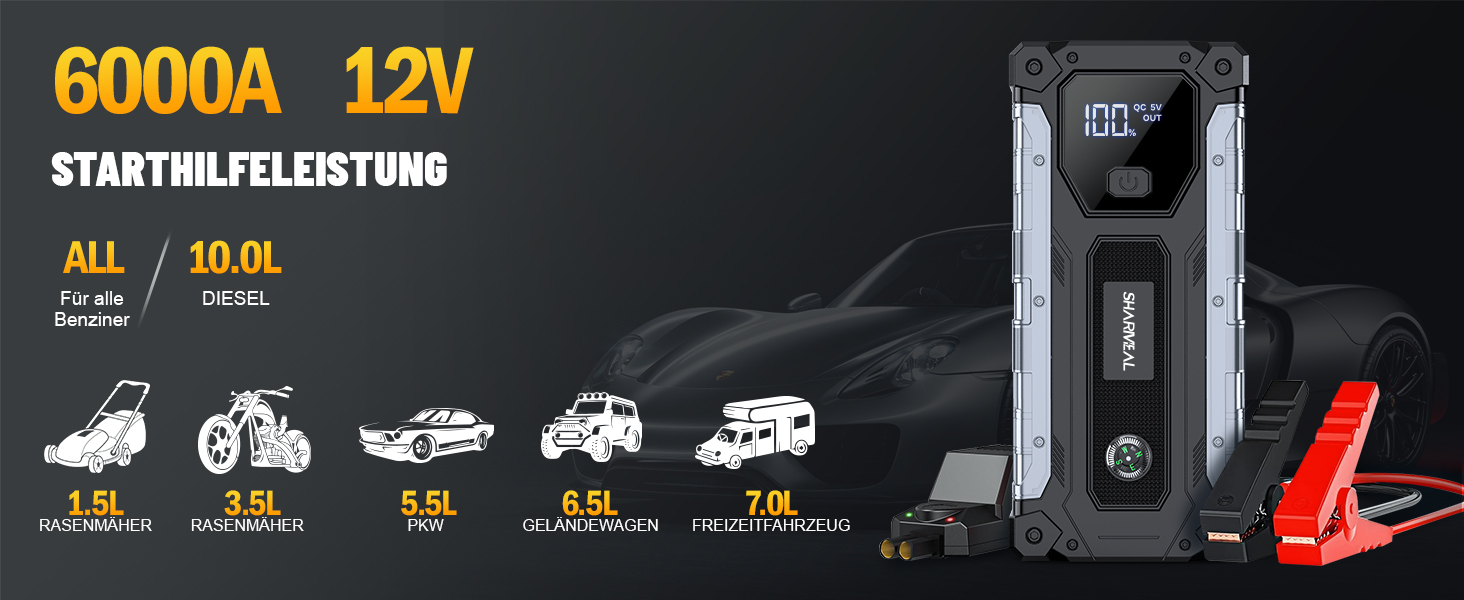 Powerbank для авто SHARMEAL 6000A: пусковий пристрій, 12V, LCD, LED, для бензинових та дизельних авто (до 10.0 л)