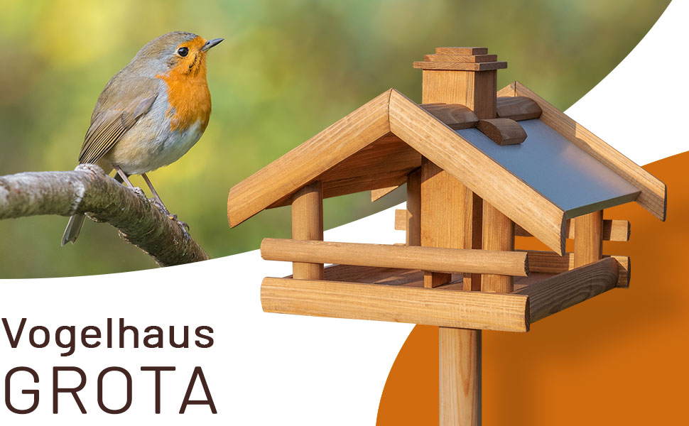 Годівниця для птахів VOSS.garden Grota з дерев'яною стійкою і металевим дахом, 134 см, стійка до погодних умов