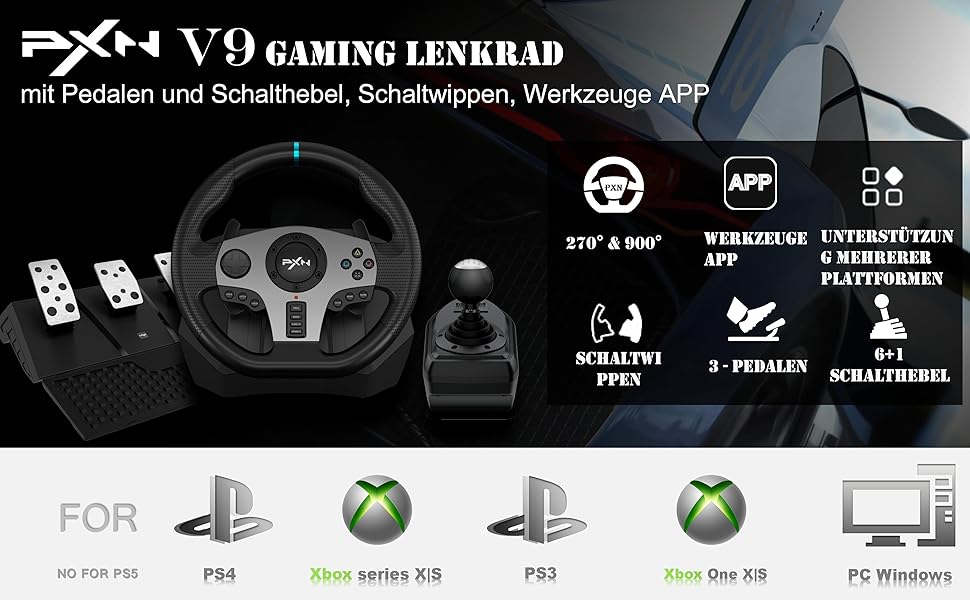 Ігрове кермо PXN V9 з педалями та перемиканням передач - для PC, Xbox, PS4, PS3, 270/900 градусів, з функцією Tool-App та вібрацією