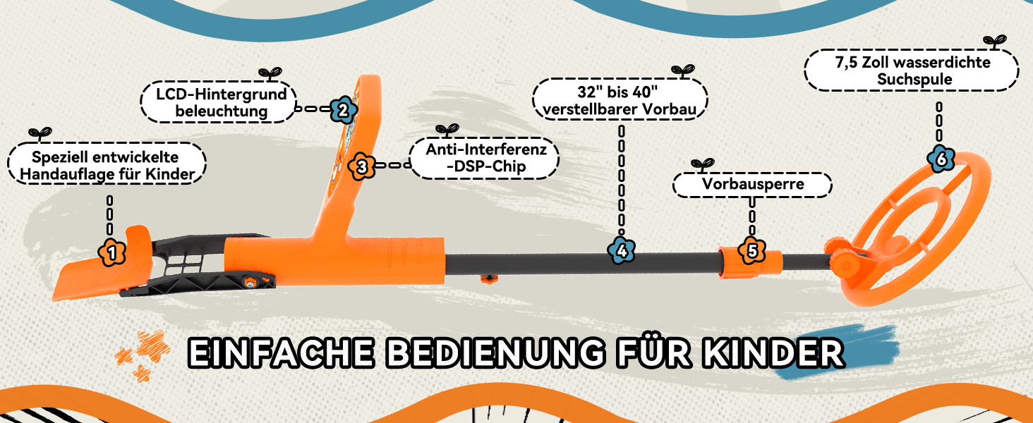 Металодетектор SUNPOW для дітей - LCD-дисплей з мультфільмами, водонепроникна котушка IP68, унісекс дизайн, 3 режими (All Metal/Disc/Pinpoint), регульована ручка 81-102 см для дітей 5-12 років, помаранчевий