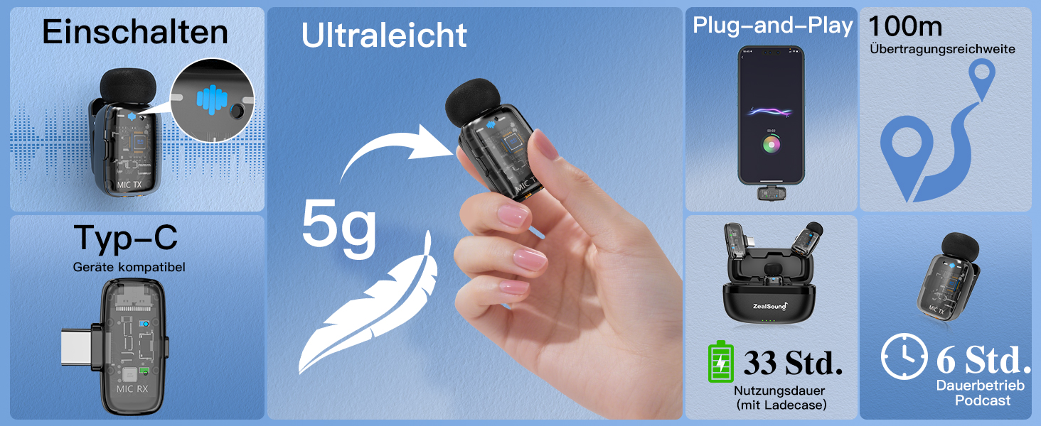 Мікрофон ZealSound M6 бездротовий для iPhone, Android, iPad: USB-C/Lightning, шумозаглушення, 33 години роботи, 100м, для Vlogging, TikTok, Podcast, YouTube, чорний/прозорий