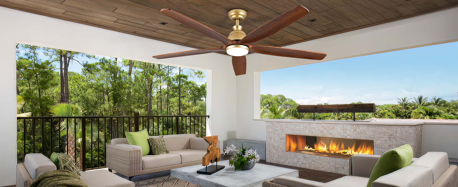 Дзеркальний вентилятор для стелі з дерева, без освітлення, з пультом керування, тихий, для вологого приміщення, 132 см (52 дюйми), коричневий, 5 лопатей