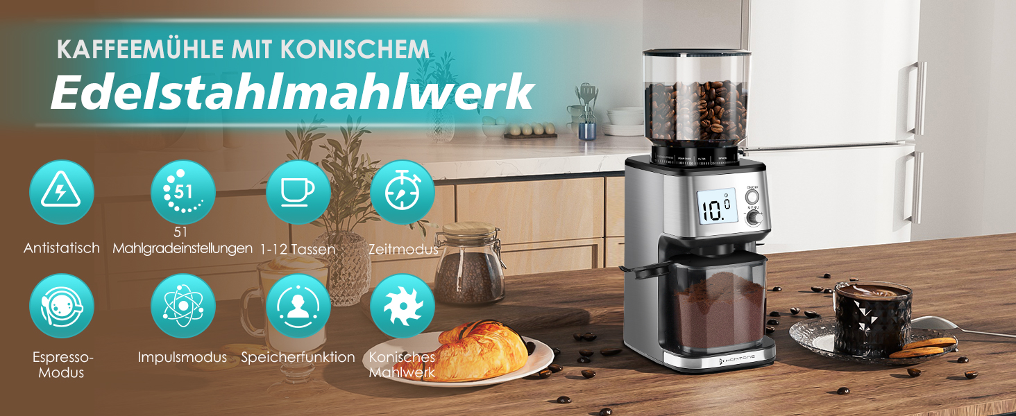 Електрична кавомолка Homtone для еспресо та френч-прес, 51 ступінь помолу, нержавіюча сталь, LCD-дисплей, 165W