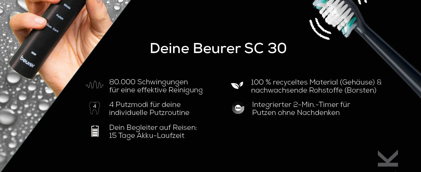 Електрична зубна щітка Beurer SC 50 Чорна: 5 режимів чищення, датчик тиску, дисплей, 2 насадки