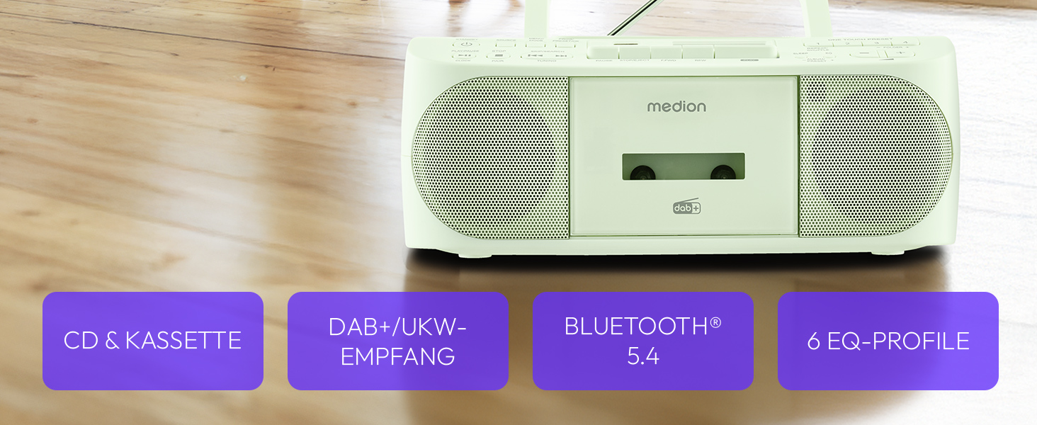 MEDION DRX-1 Plus Boombox: радіо DAB+, Bluetooth, CD-плеєр, MP3, касетний магнітофон, AUX, зелений