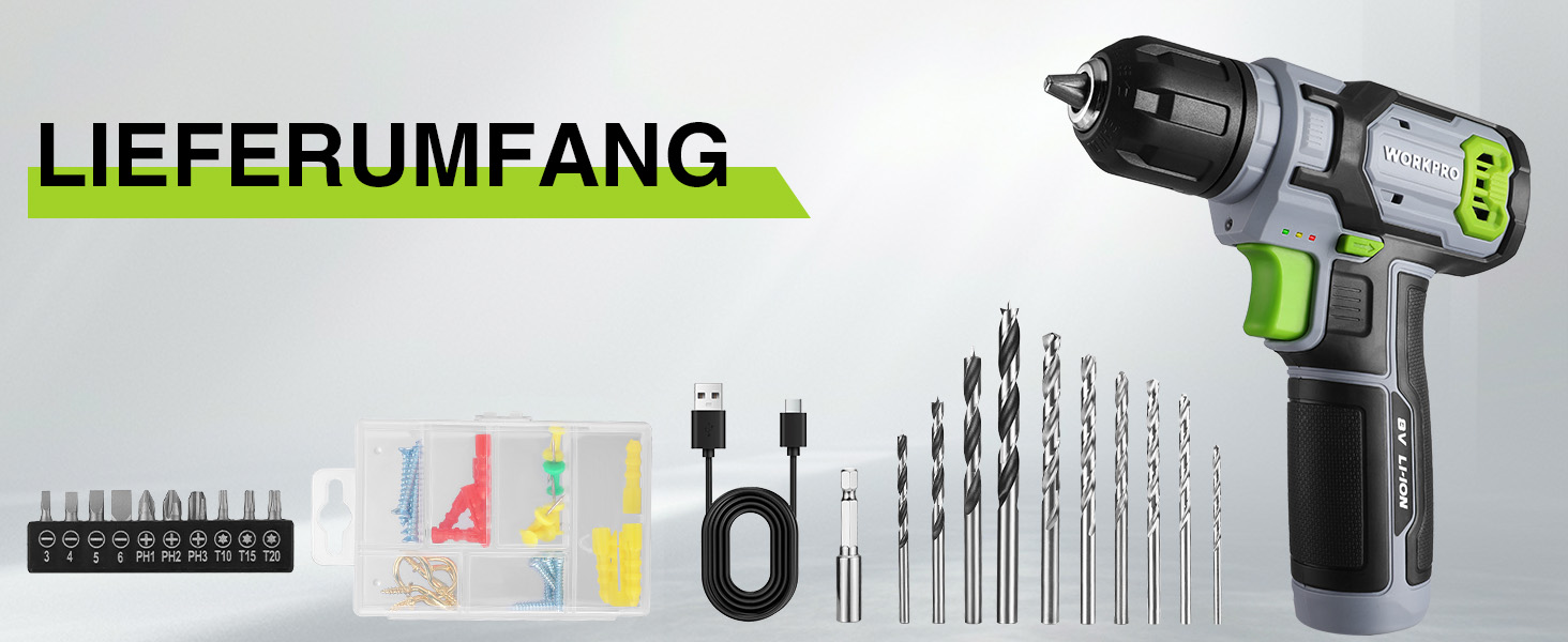 WORKPRO Акумуляторний шуруповерт 8V з набором 53 аксесуари, регульована швидкість, LED-ліхтик, для домашніх ремонтів та DIY