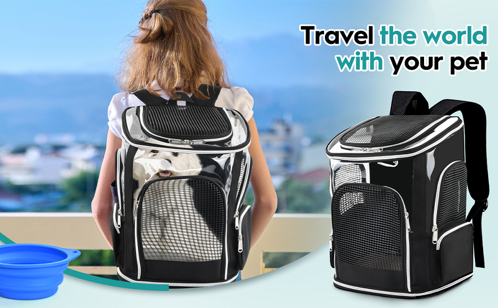 Рюкзак для кота та собаки: зручний та легкий для подорожей та прогулянок (до 9 кг), з сіткою та мискою, чорний