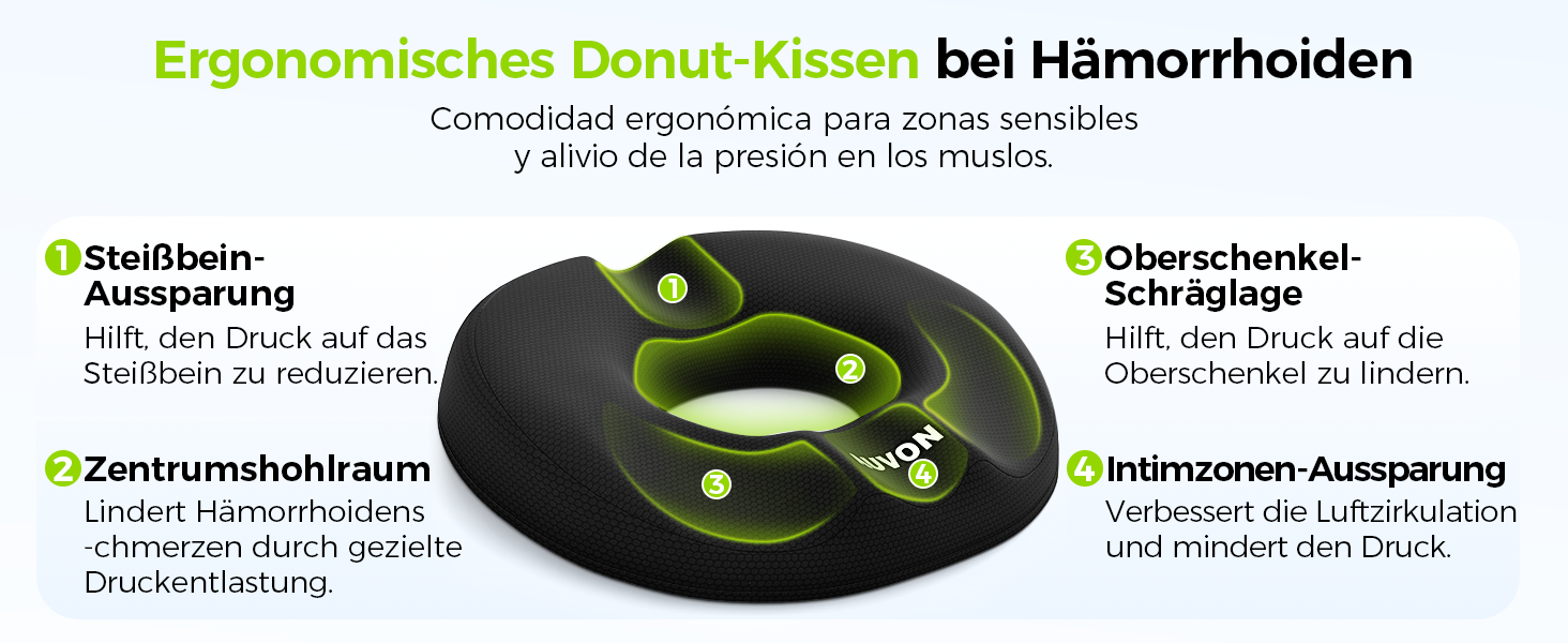 Ортопедична подушка для сидіння AUVON кругла з подвійною U-подібною формою та нахилом для полегшення навантаження на стегна, подушка для геморою, офісне крісло, автомобіль, сидіння, підвищує комфорт сидіння, покращує кровообіг, полегшує куприк