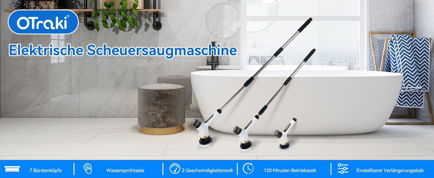 Електрична щітка для прибирання OTRAKI з 7 насадкоми: для ванної, кухні, плитки, авто