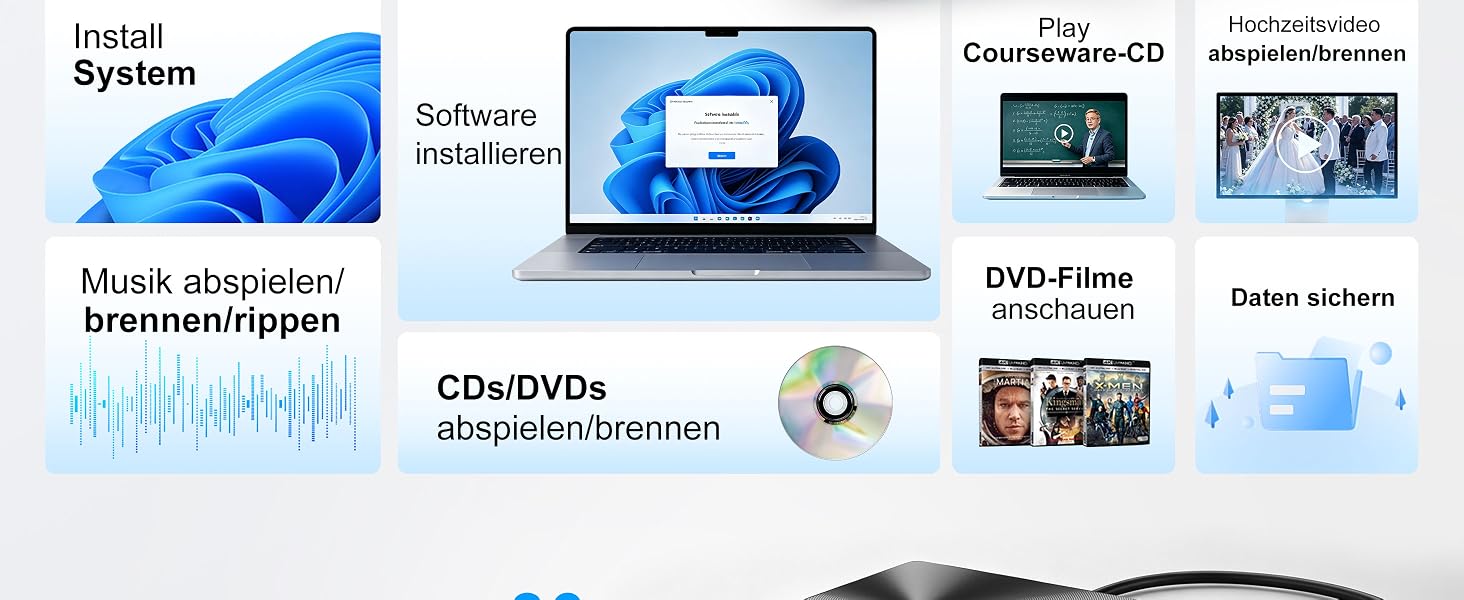 Зовнішній USB 3.0 та USB-C CD/DVD привід varkda для ноутбука та ПК, портативний DVD-плеєр та записник (RW/ROM), сумісний з Windows, macOS, Linux, чорний