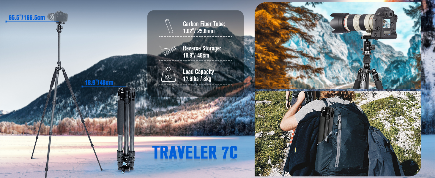 Штатив SIRUI Traveler 7C з вуглецевого волокна, 166 см з кульковою головкою E-10 360°, сумісний з Arca Swiss, вантажопідйомність 8 кг, перетворюється на монопод