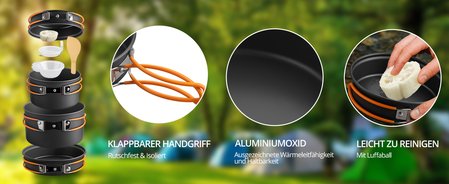 Набір посуду для кемпінгу FunyKich 17 предметів: каструлі, сковорідки, чашки, столові прибори. Підходить для 2 осіб, пікніків та походів.