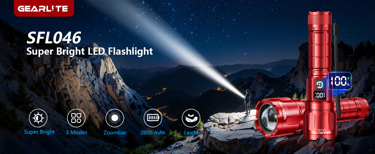 LED ліхтарик Gearlite, 6000 люмен, тактичний, з регулюванням фокусу, 3 режими, водонепроникний IP65, для кемпінгу, риболовлі, туризму, надзвичайних ситуацій (червоний, 1 шт.)