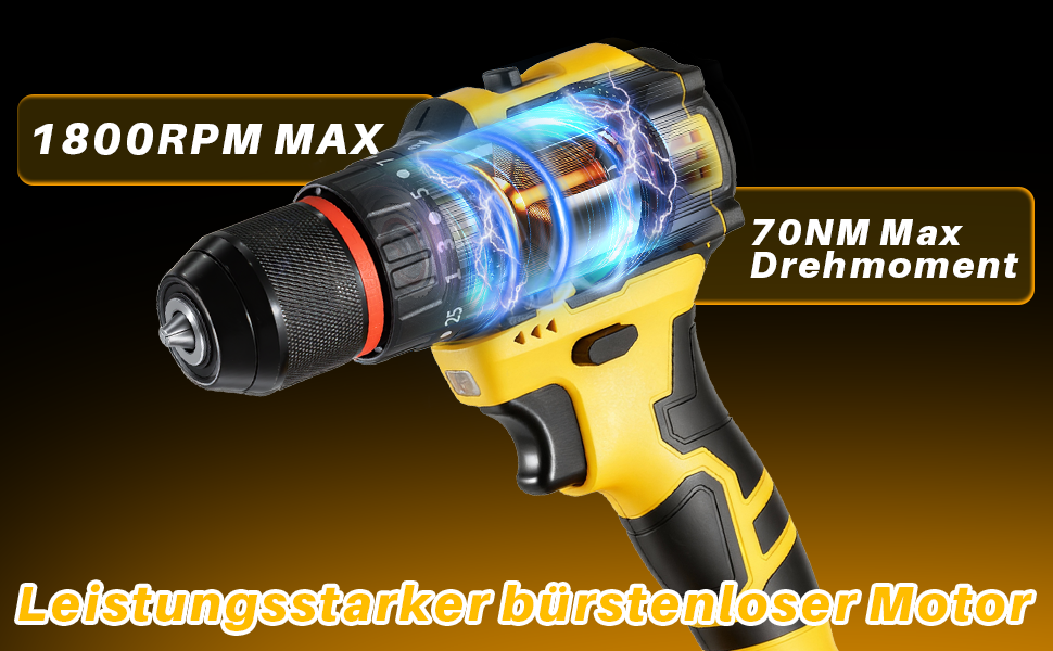 Акумуляторний шуруповерт 21V безщітковий, 2 акумулятори 2.0Ah, 70 Nm, 25+3 ступені крутного моменту, 2 швидкості, LED-ліхтик, патрон 10 мм, для ремонту та DIY