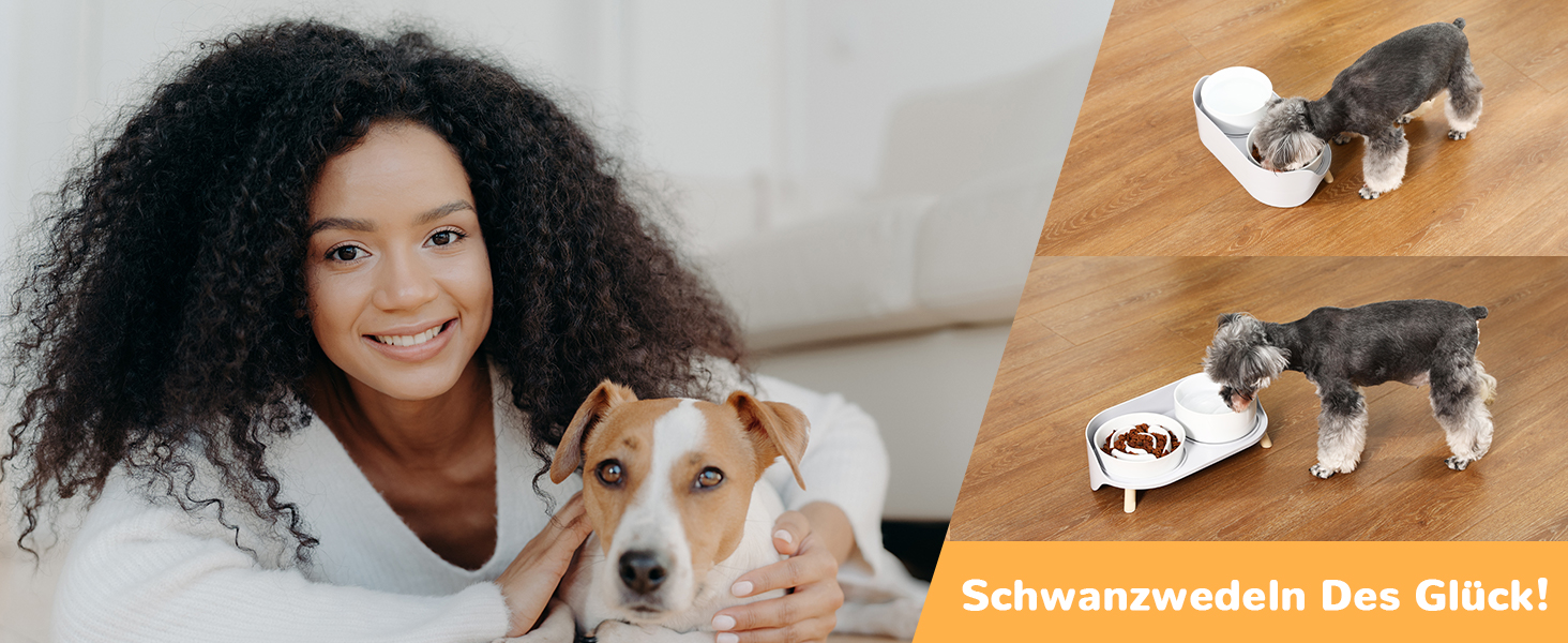 Набір мисок для собак з кераміки, піднятий на платформі: миска для повільного годування, набір з двох мисок для маленьких та середніх собак, годівниця та поїлка з антиковзним підставкою, колір - білий