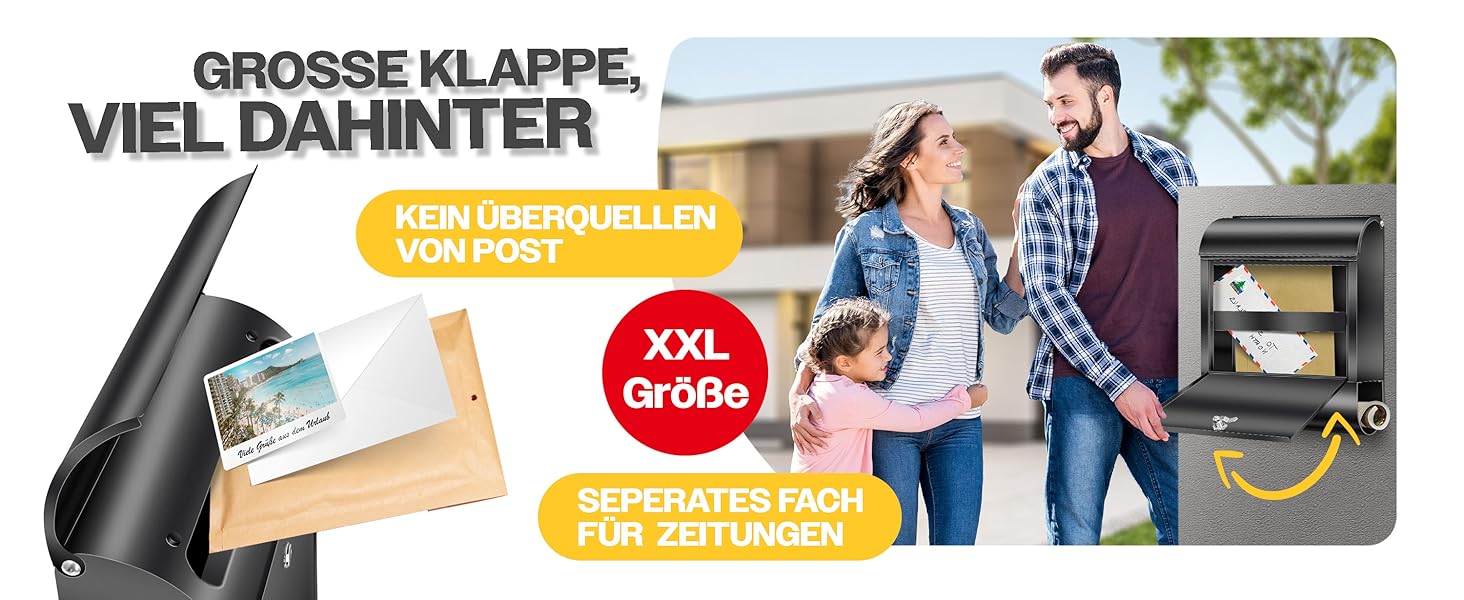Поштовий ящик настінний KESSER® XXL нержавіюча сталь срібний з газетницею, замок + 3 ключі, вологостійкий, порошкове покриття