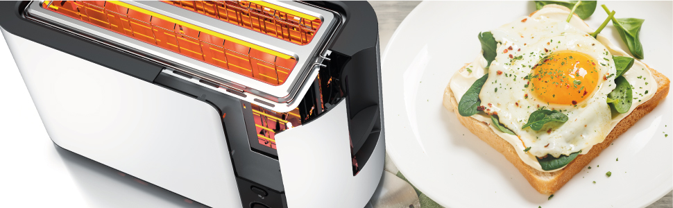 Тостер Arendo з нержавіючої сталі з 4 широкими слотами, подвійними стінками, інтегрованим тримачем для булочок, ступенями підсмажування 1-6, центровкою хліба, автоматичним вимкненням та дисплеєм з індикатором часу. Колір: білий