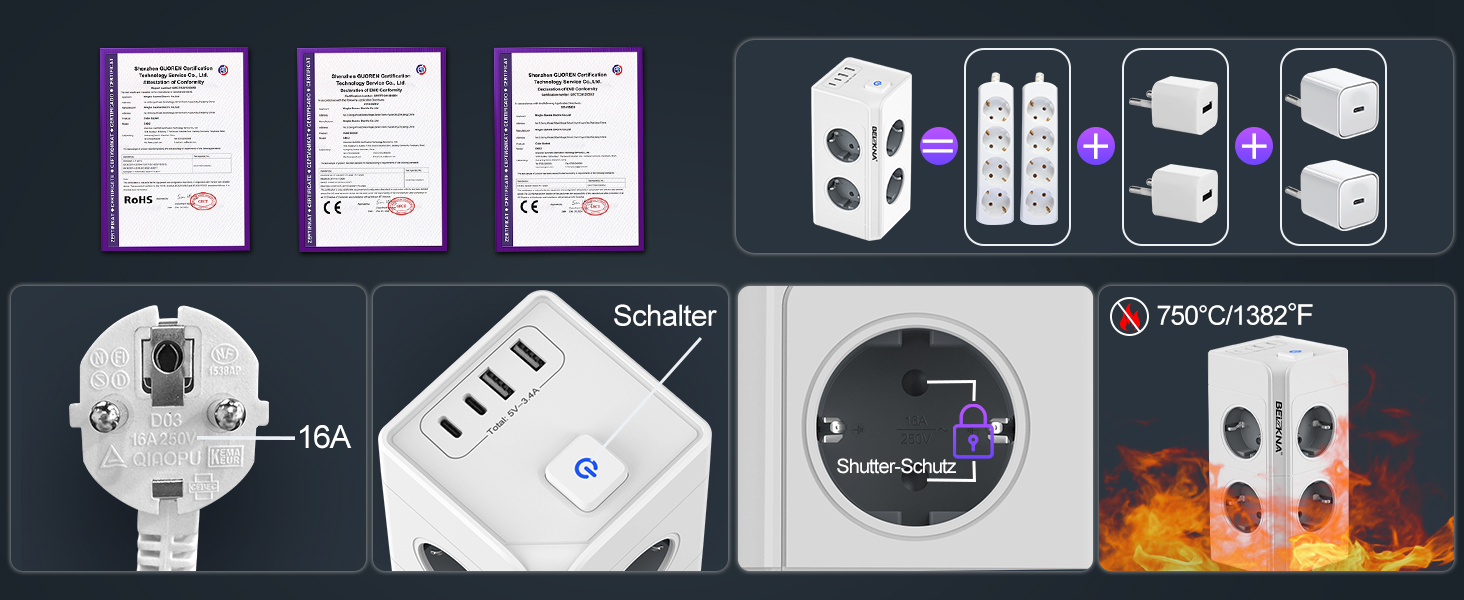 Мережевий фільтр з 4 розетками та 4 USB-портами, настінний, 4000W, 16A, з перетворювачем напруги, білий