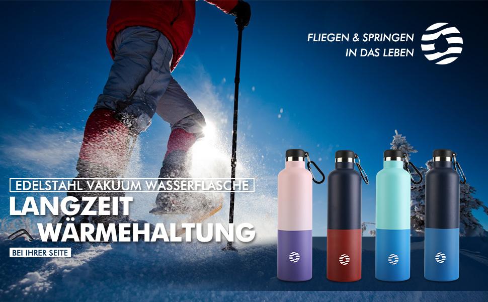 Фляга спортивна Feijian 1L з карабіном - термофляга з нержавіючої сталі, витримує напій з газом, без BPA, для спорту, відпочинку, школи, кемпінгу, велосипеду, армійський зелений (блакитний & червоний)