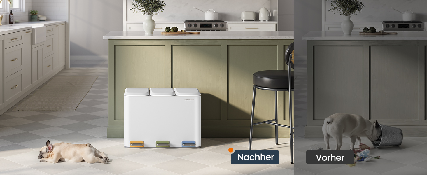 SONGMICS Відро для сміття кухонне, 3 відсіки по 15 л, з педалями, сортувальник сміття, з кришками та внутрішніми відрами, сталь, білий LTB740W02V1